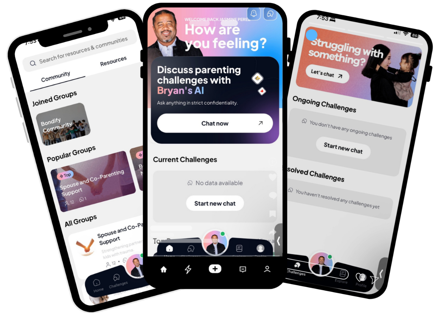 Bondify app — community, AI chat, and challenges screens